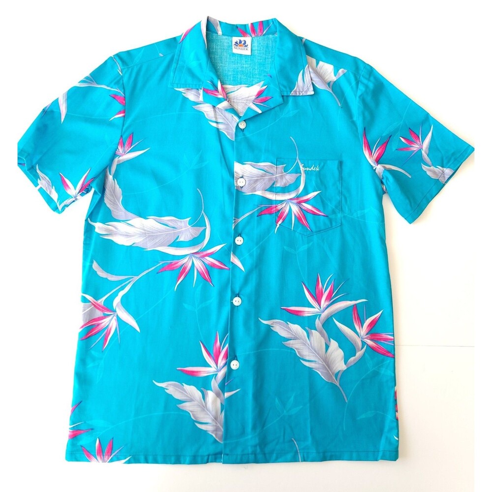 Vtg Sundek Surf Shirt Medium 100% Cotton Turquoise Pink Birds of Paradise USA